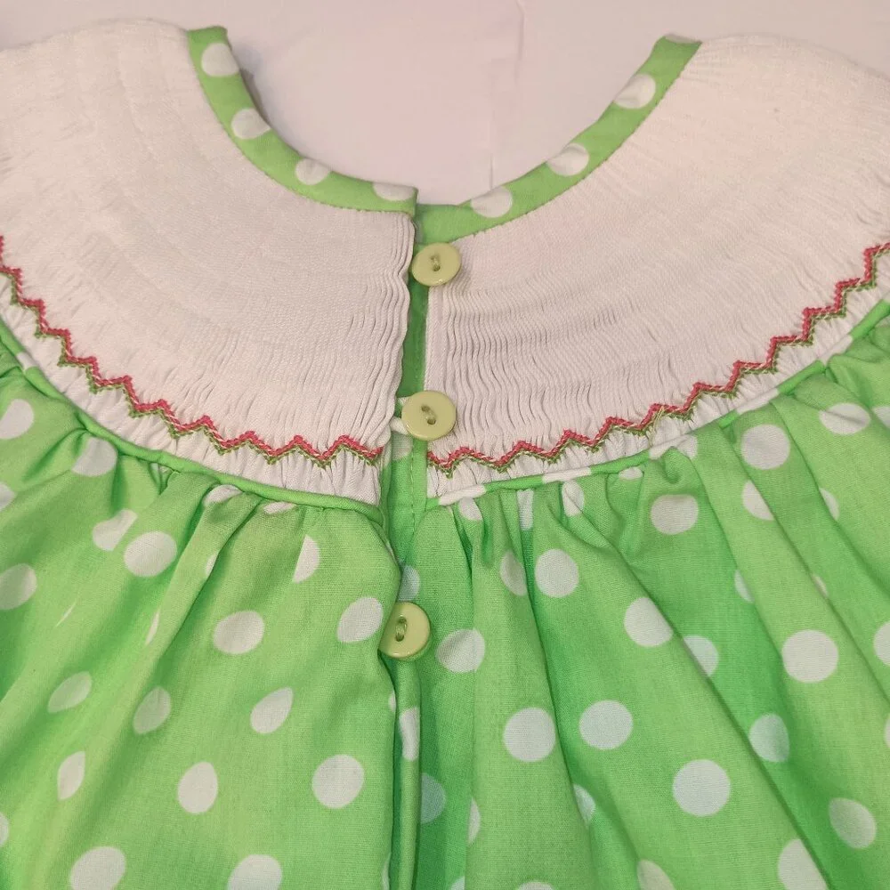 Lollypop Kids Christmas Smocked Little Girl's Dress Green & White Polka Dots 3T